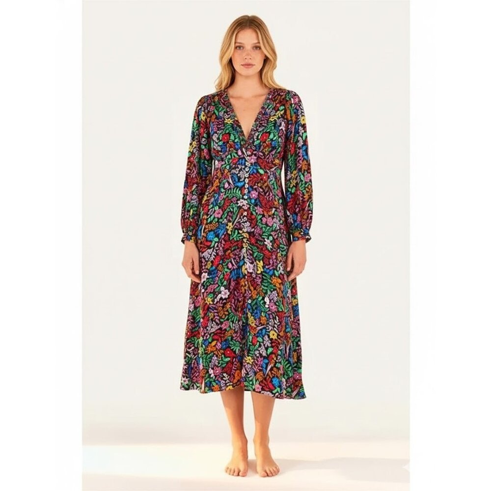NWT FARM Rio Tropical Garden Midi V-neck Viscose Floral Dress M $275